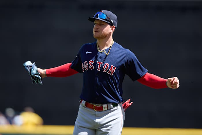 Aug 2, 2023; Seattle, Washington, USA; Boston Red Sox right fielder Alex Verdugo warms up before playing the Seattle Mariners at T-Mobile Park. Mandatory Credit: John Froschauer-USA TODAY Sports